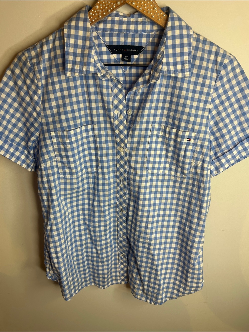 Tommy Hilfiger Light Blue and White Gingham Short-Sleeve Button-Down Shirt